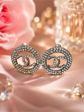 Crystal-Embellished Round Logo Stud Earrings - Silver Tone